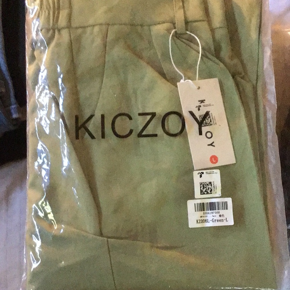 KICZOY High Waisted Loose Fit Elastic Waist Pleated Front Pant, Green Size L NWT